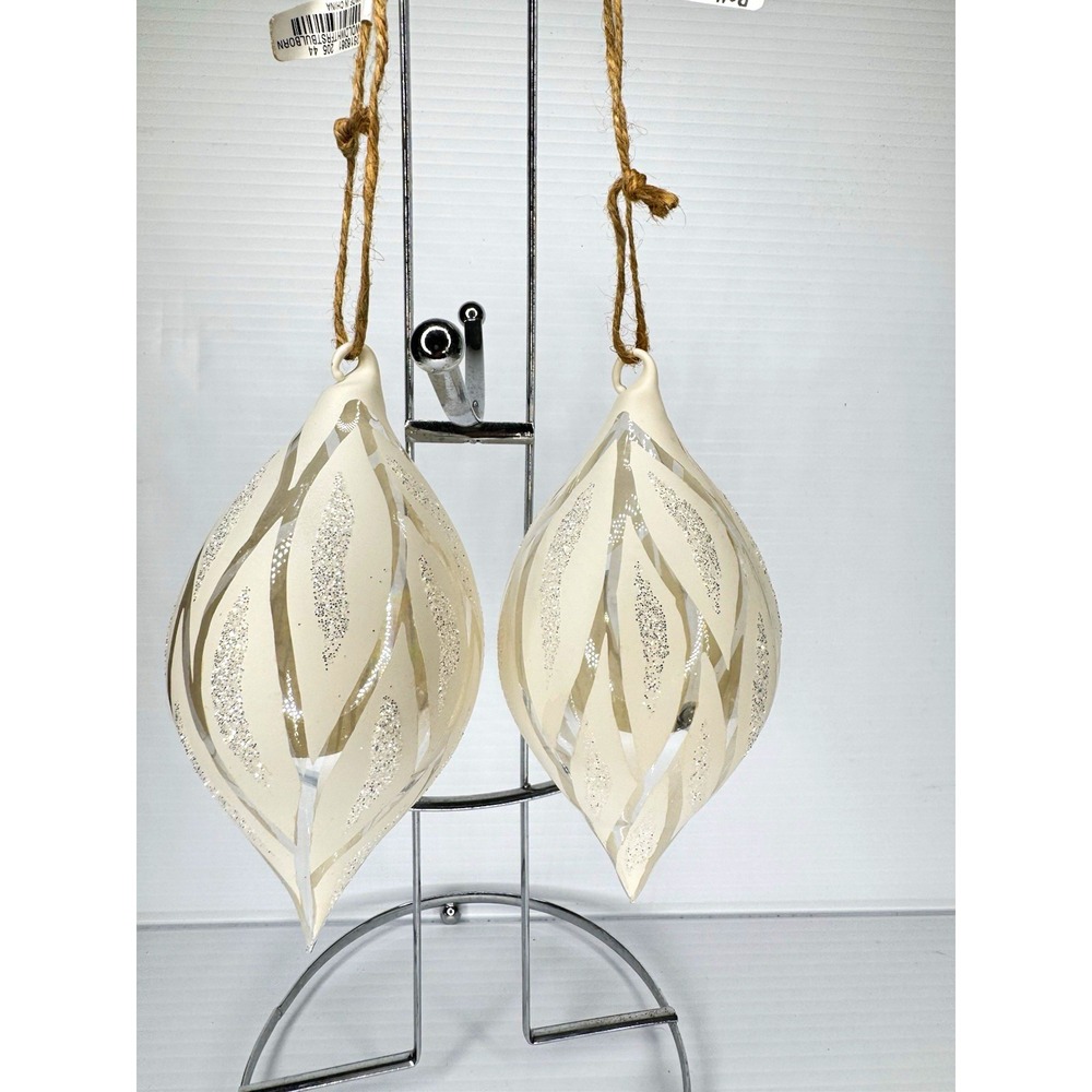 Pottery Barn NWT Set of 2 White Silver Glitter Glass Teardrop Hanging Ornaments